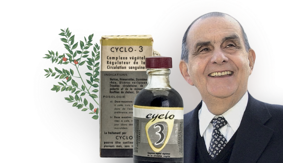 Photo du fondateur des laboratoires Pierre Fabre avec anciens produits Cyclo 3 fort